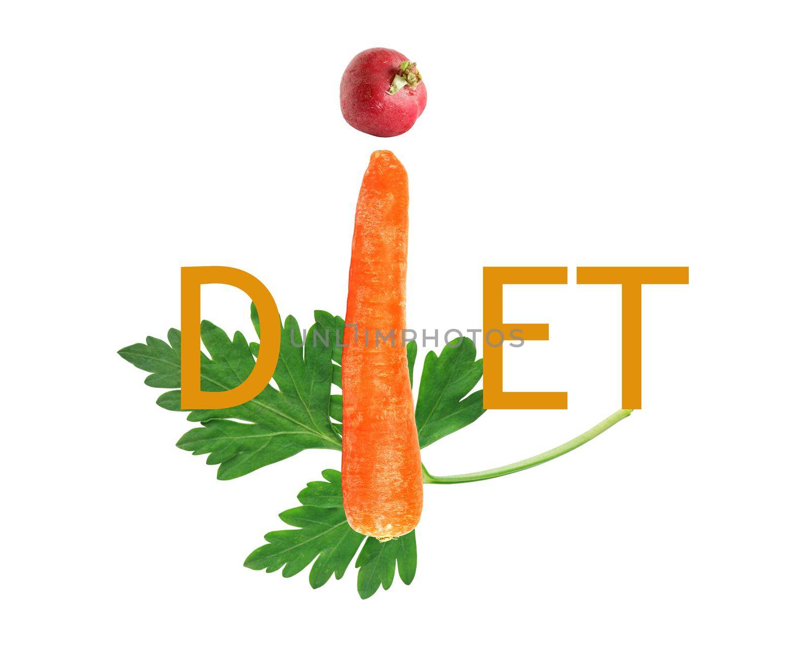 Word DIET made with text and vegetables on white background