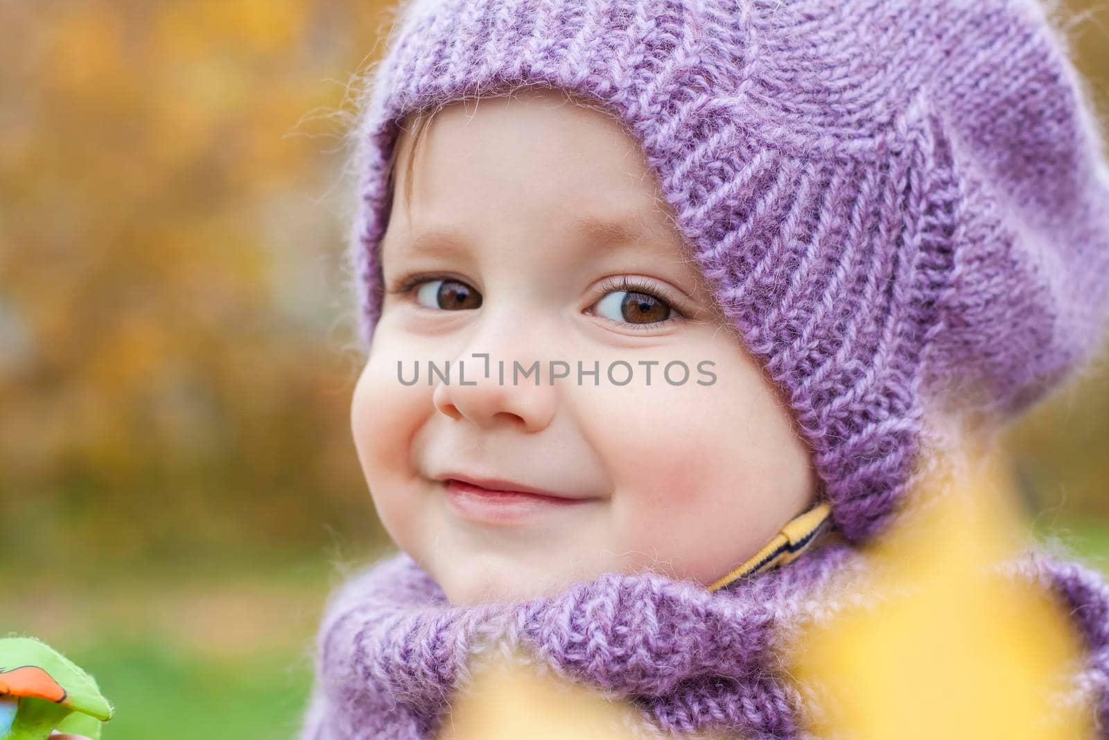 A child in a purple, knitted hat and scarf. Portrait of a child on the background of autumn trees.