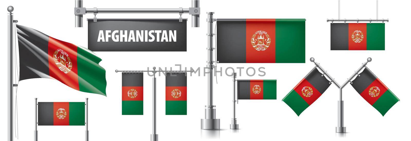 Vector set of the national flag of Afghanistan in various creative designs by butenkow