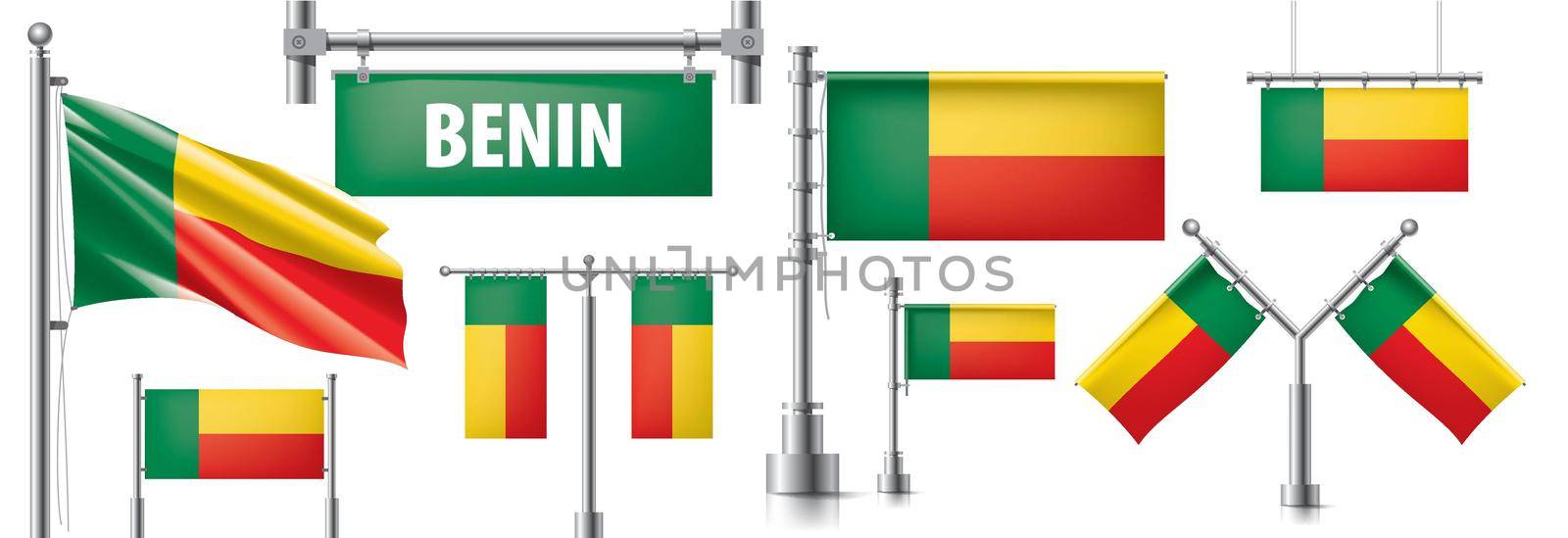 Vector set of the national flag of Benin in various creative designs.