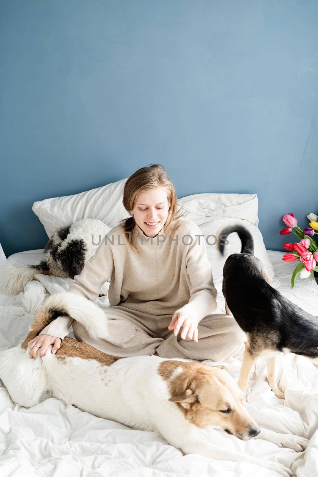 Happy young woman sitting in the bed with her dogs, blue wall background