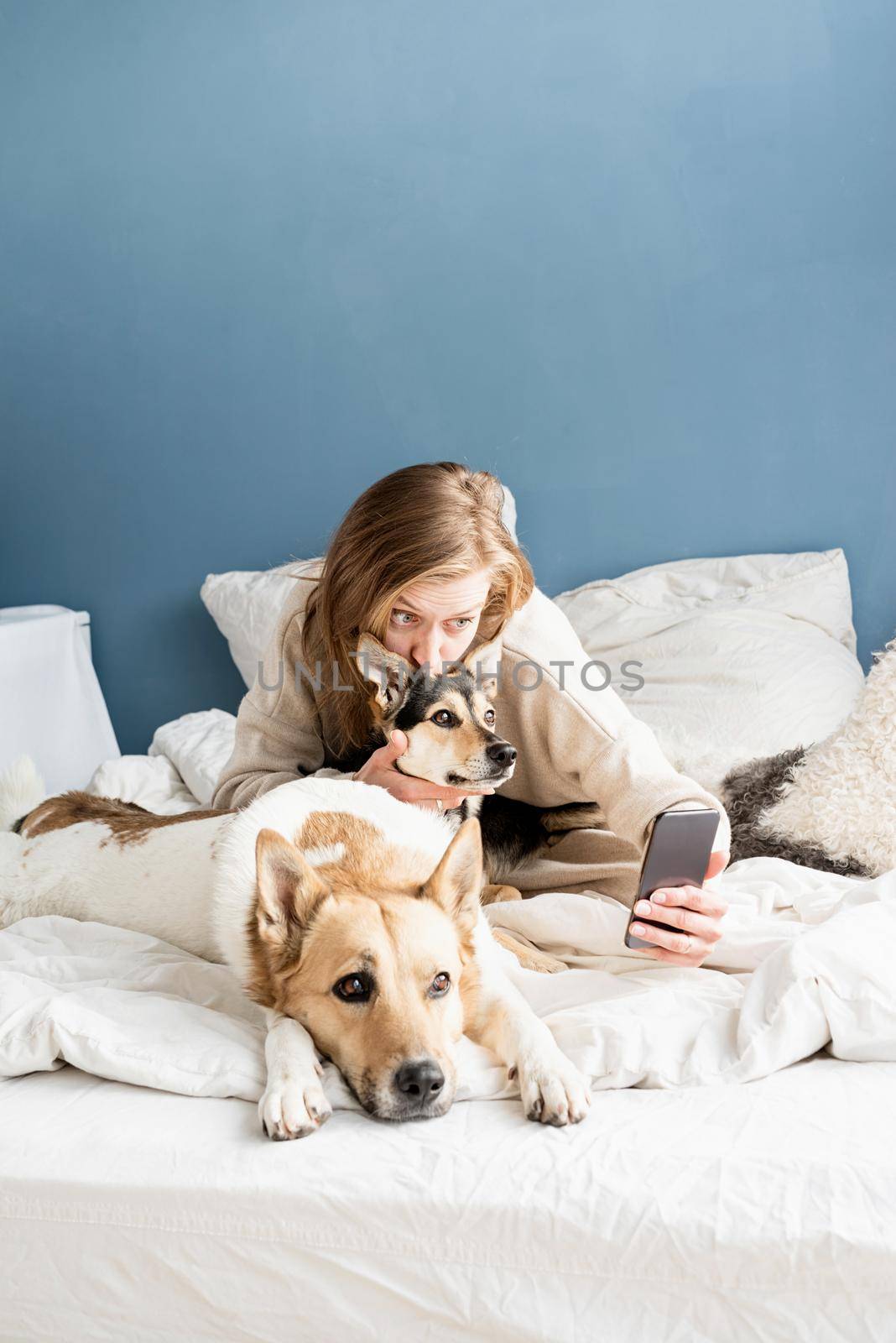 Beautiful young adult cheerful woman taking selfie on smartphone with her dog in morning in bed by Desperada