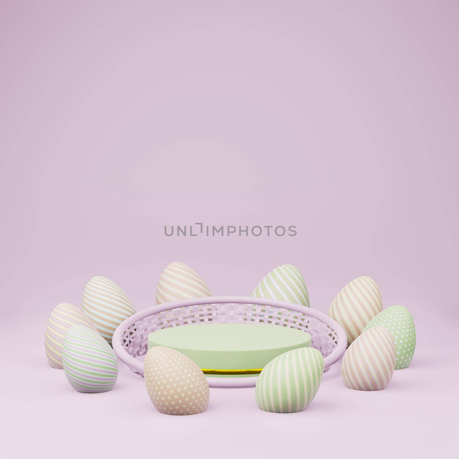 Green cylinder podium with basket and easter eggs copy space by eaglesky