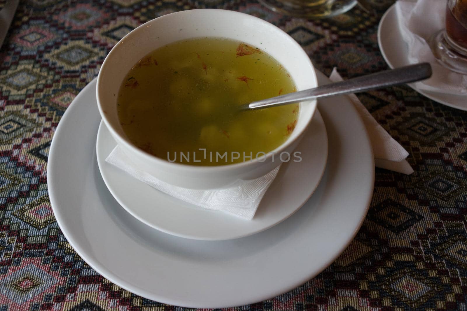 Azerbaijani national cuisine in white dish soup dushbara