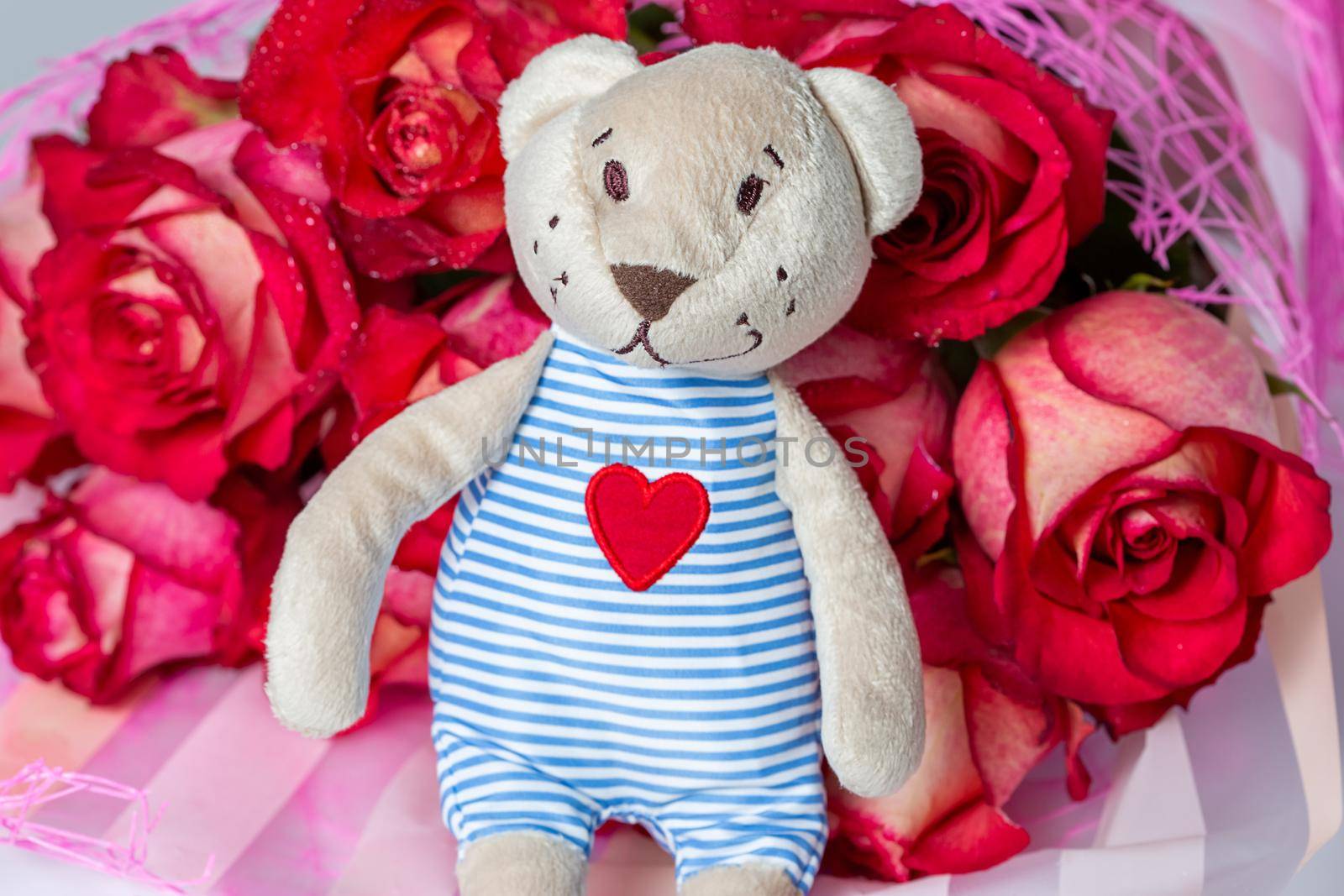 A bouquet of red roses in a gift paper package and a soft toy bear by galinasharapova