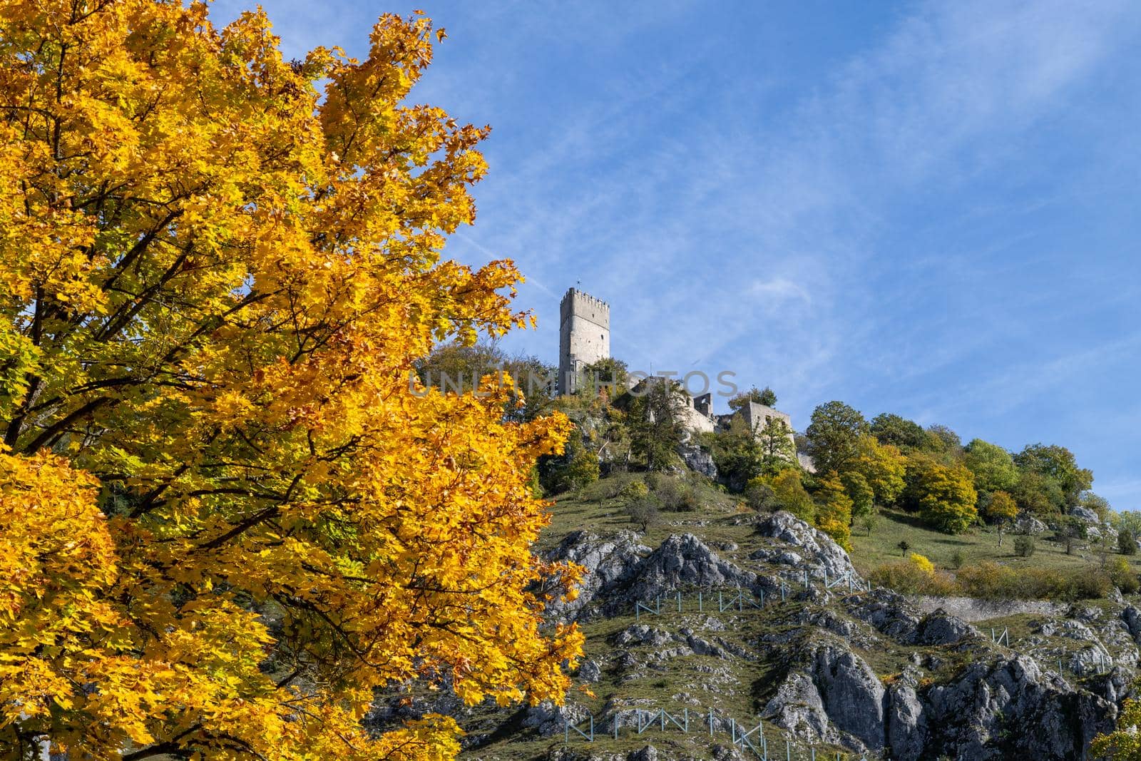 Idyllic view at the ruin of Randeck castle in Markt Essing in Bavaria, Germany in autunm