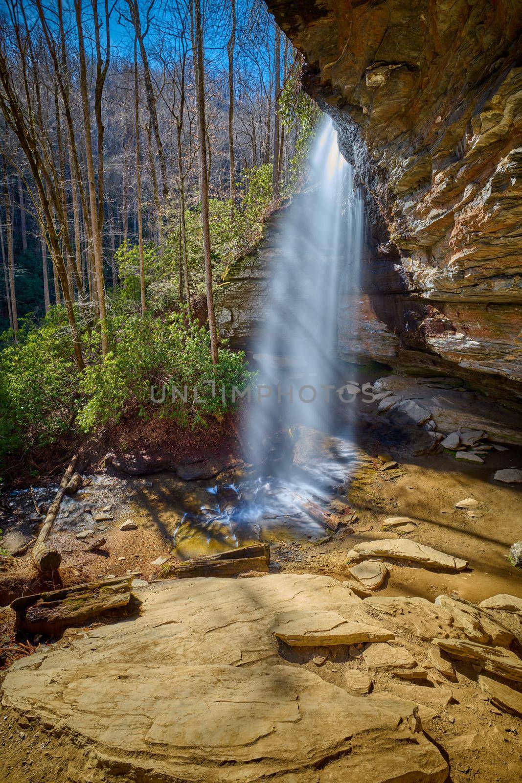 Side view of Moore Cove Waterfall in Pisgah National Forest near Brevard NC.