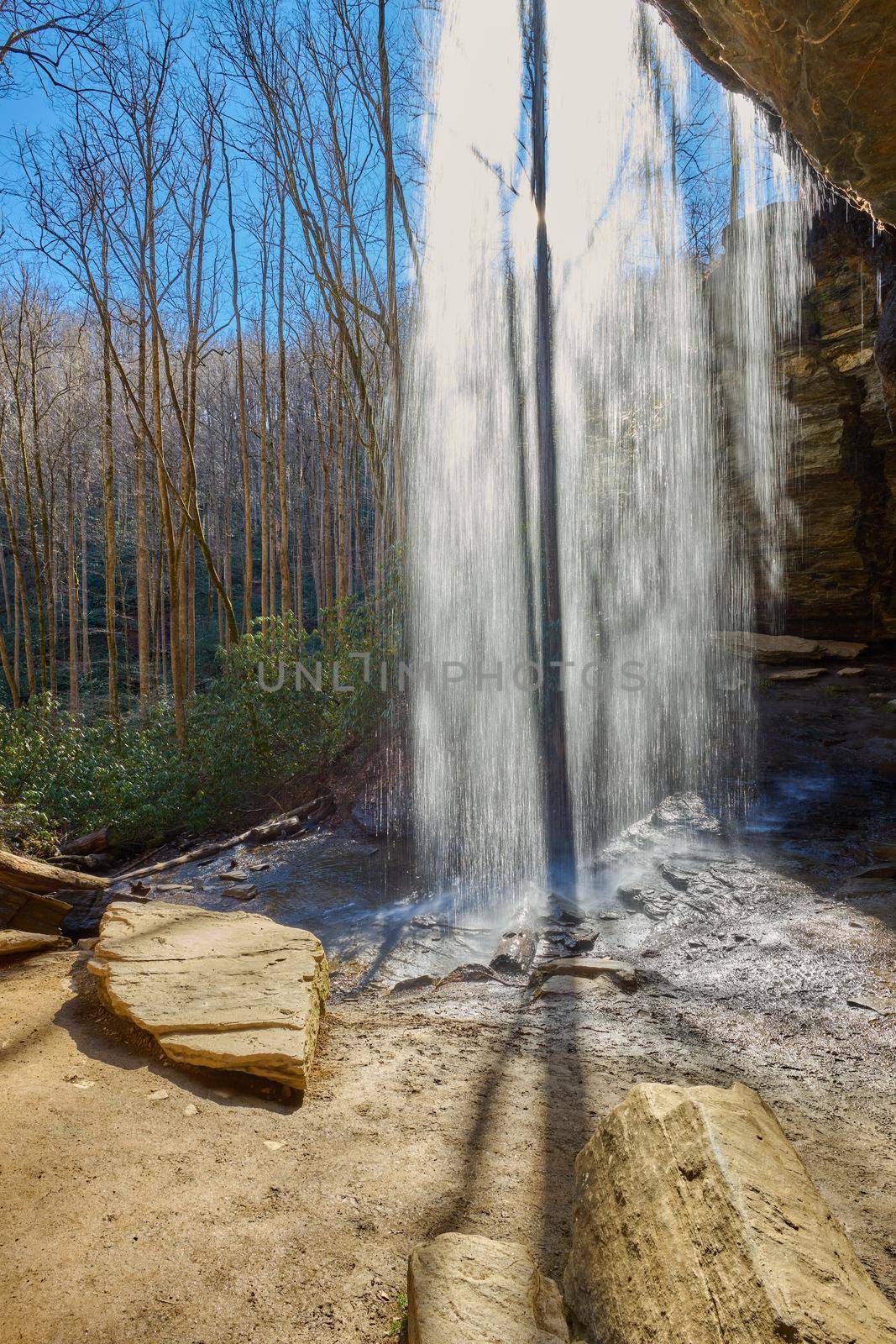 View under Moore Cove Waterfall in Pisgah National Forest near Brevard NC.