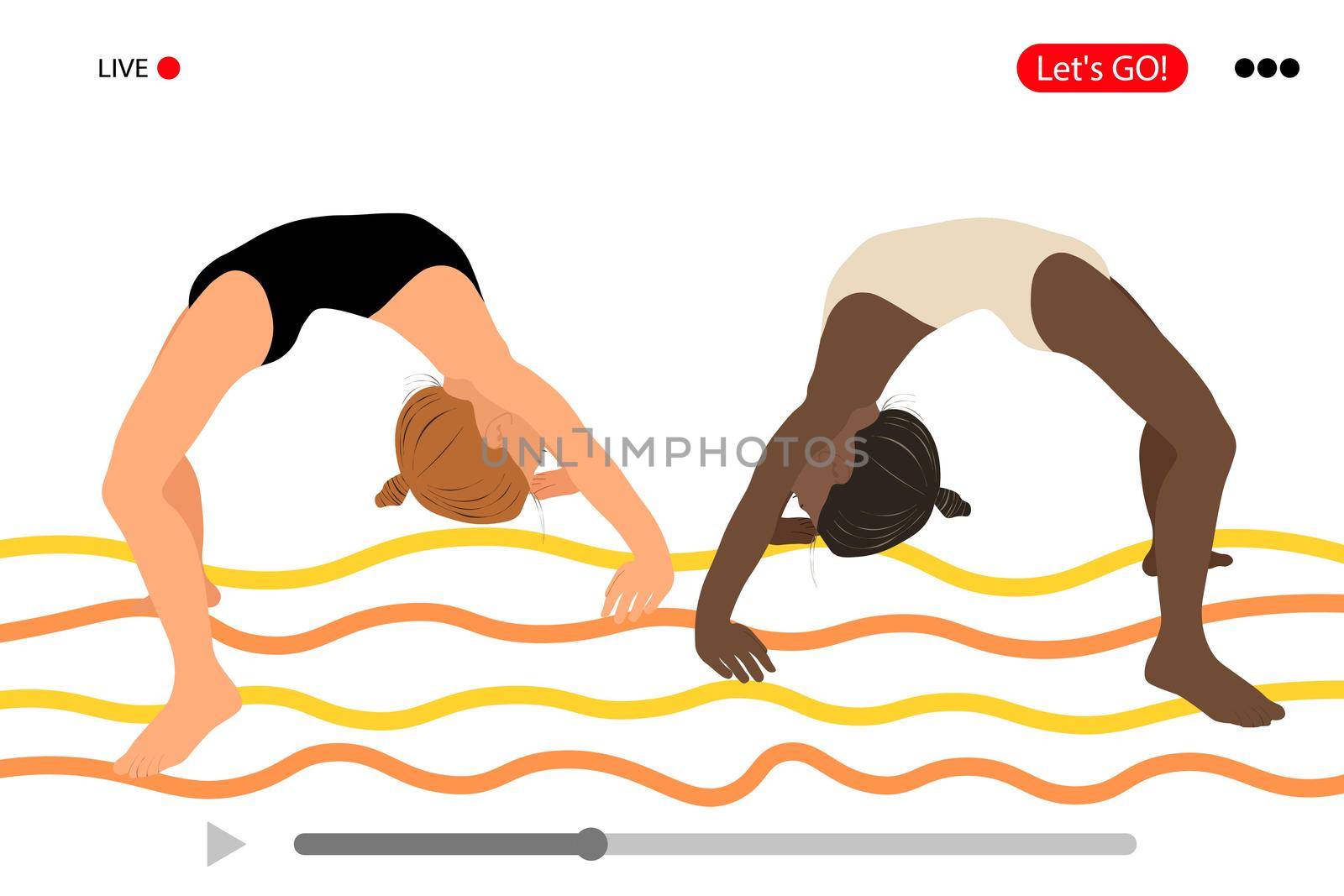 Home sport. Yoga home. Online training. Young girls gymnasts perform exercises. Vector illustration. Training performance strength gymnastics. Fitness Women. Banner. Flat vector illustration. by allaku