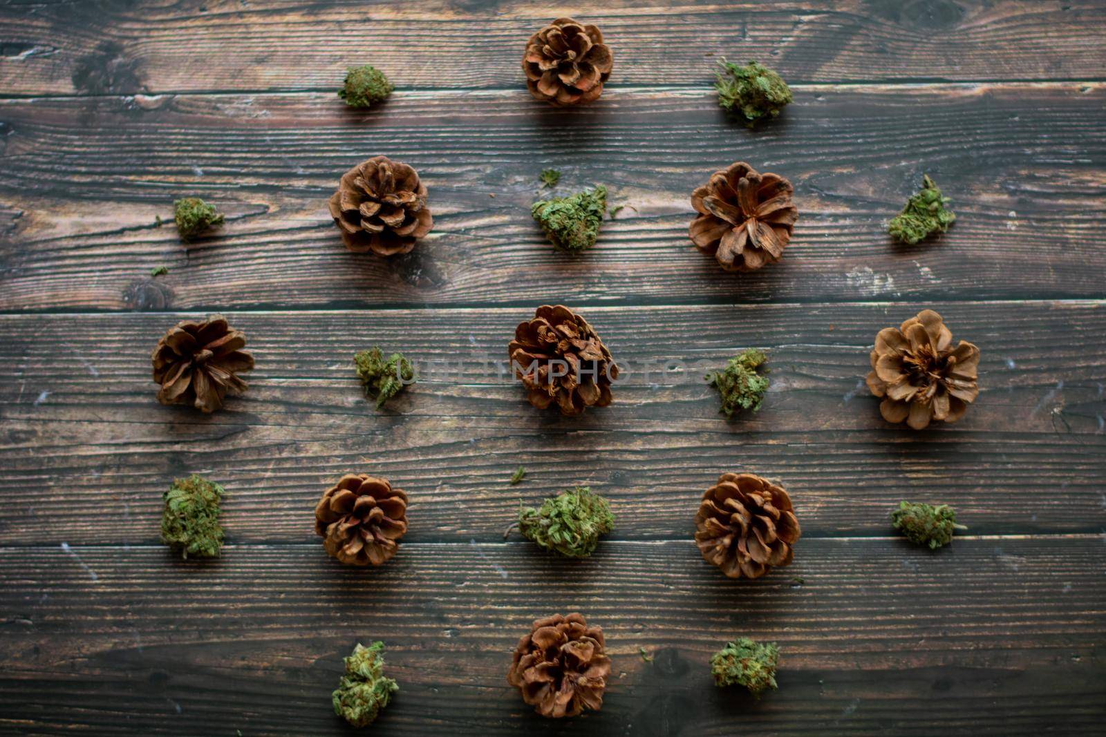 Pinecones and Cannabis Nugs on a Wooden Background in a Diagonal Pattern