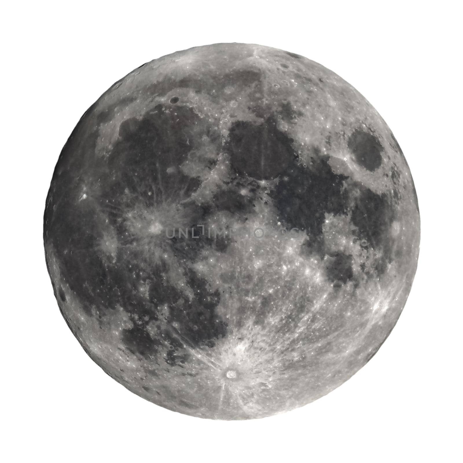 Full moon seen with an astronomical telescope isolated over white background