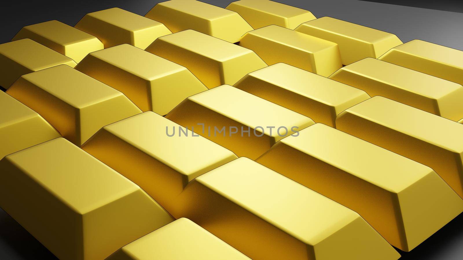 Simulated gold bar on black background, 3d rendering.