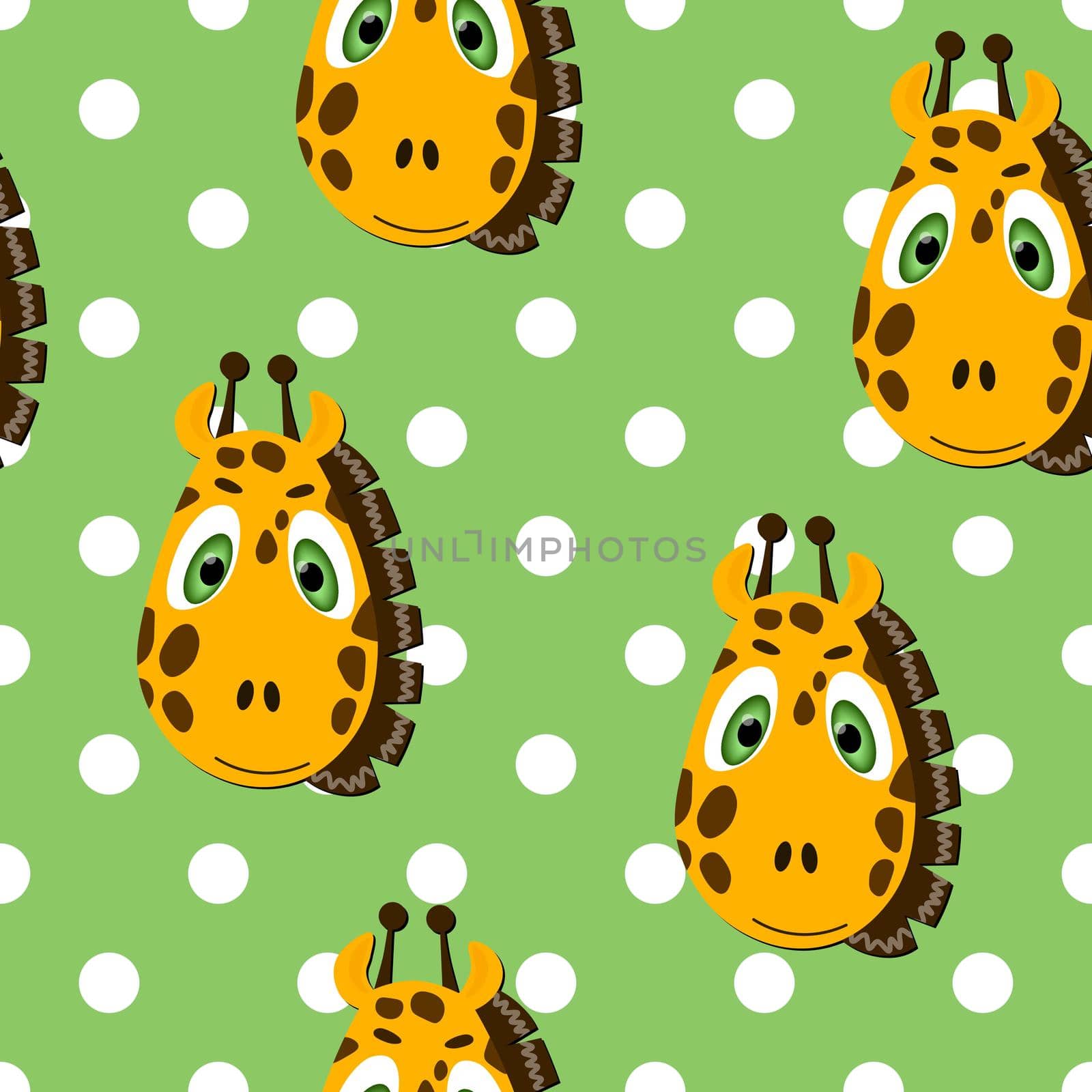 Vector flat animals colorful illustration for kids. Seamless pattern with cute giraffe face on green polka dots background. Adorable cartoon character. Design for card, poster, fabric, textile