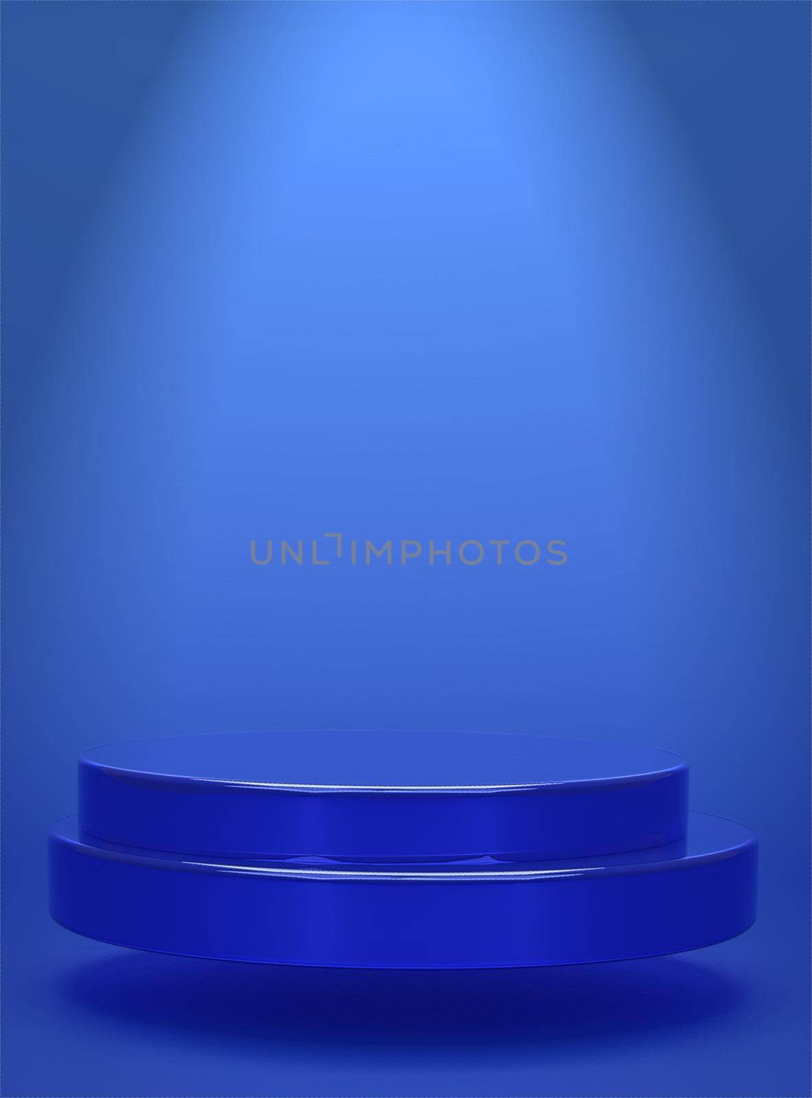 Blue geometric circular background vertical image showing simple podium prototype and commercial product concept 3D rendering