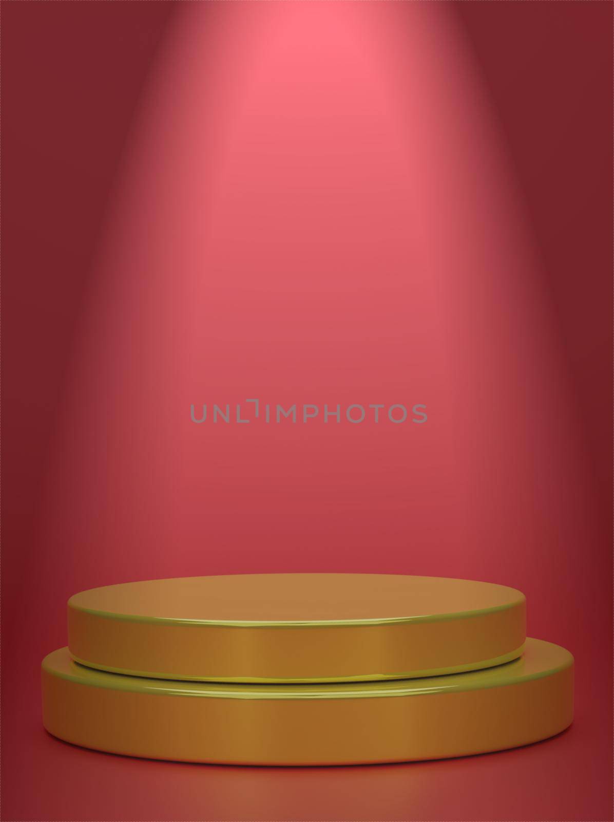 Vertical picture golden geometric sphere background display podium prototype simple podium and commercial product concept red background scene 3d rendering.