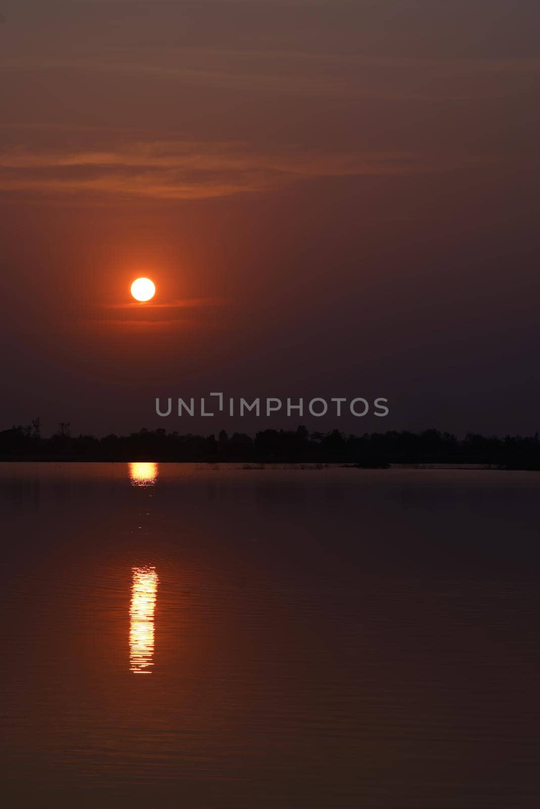 Vertical picture of the lakeside landscape with orange sky and beautiful sunset.