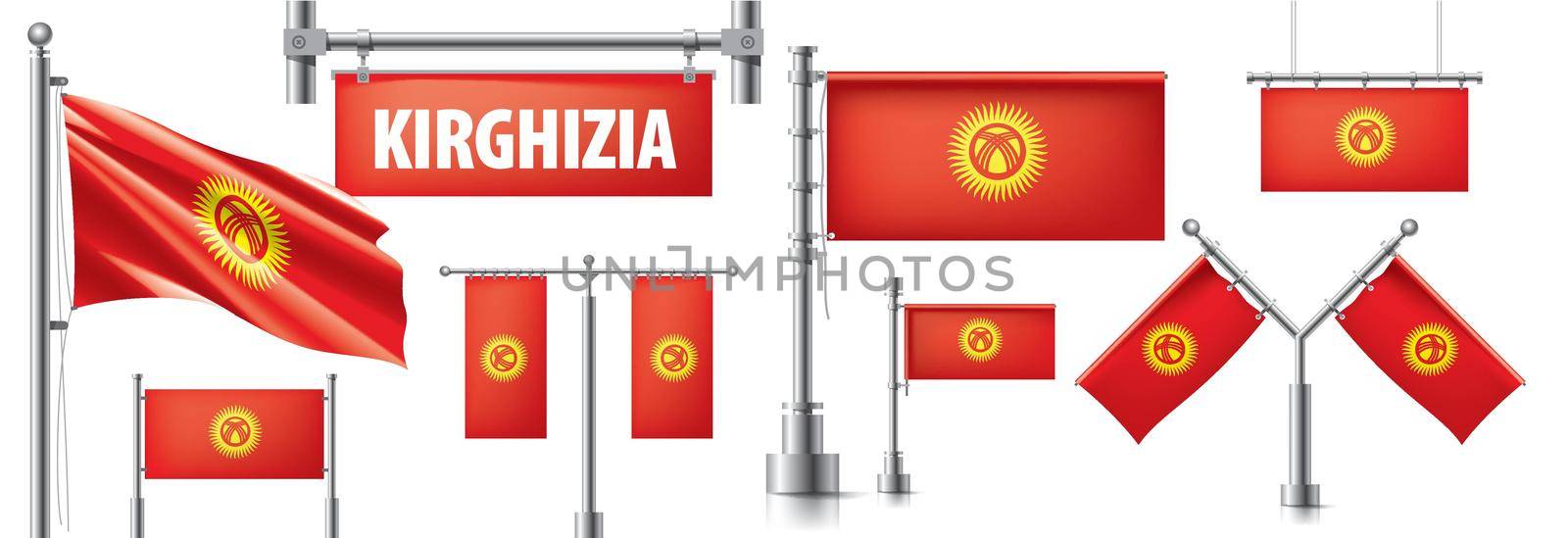 Vector set of the national flag of Kirghizia in various creative designs by butenkow