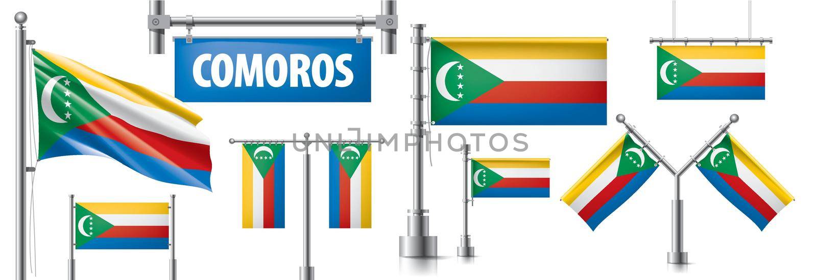 Vector set of the national flag of Comoros in various creative designs.