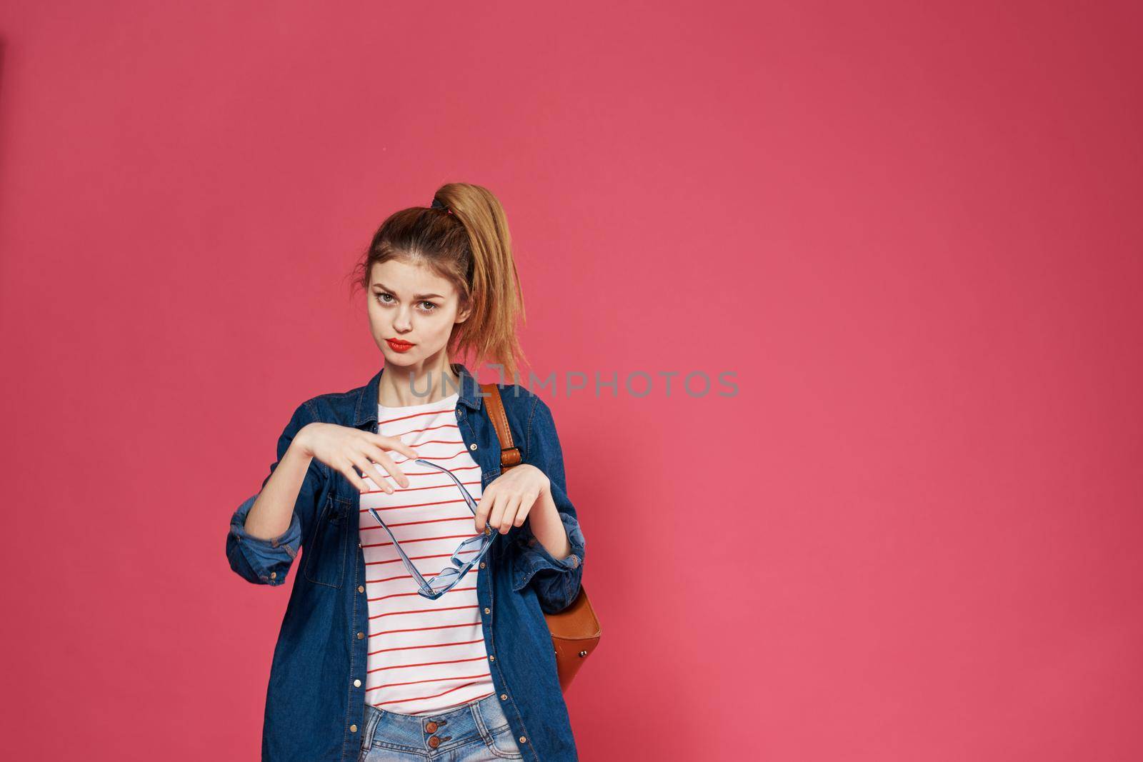 Cheerful fashionable woman clothes lifestyle red lipstick isolated background. High quality photo