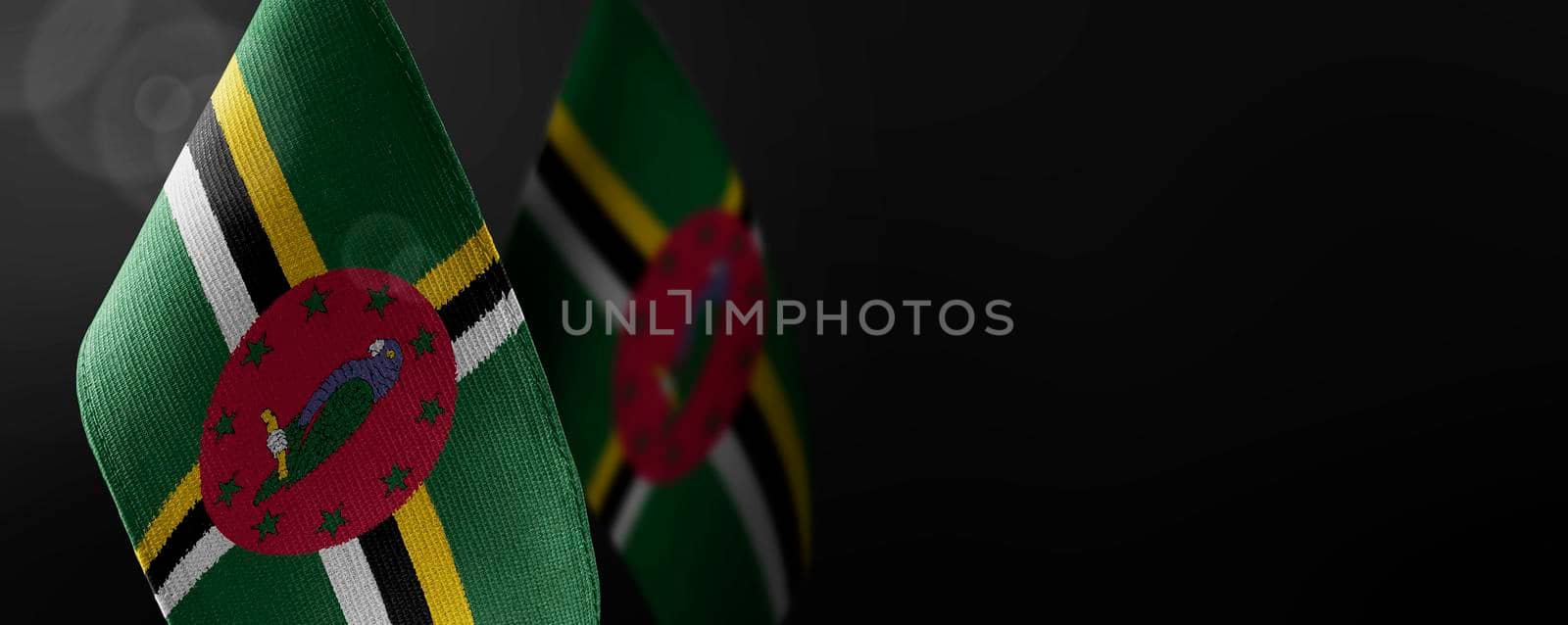 Small national flags of the Dominica on a dark background.