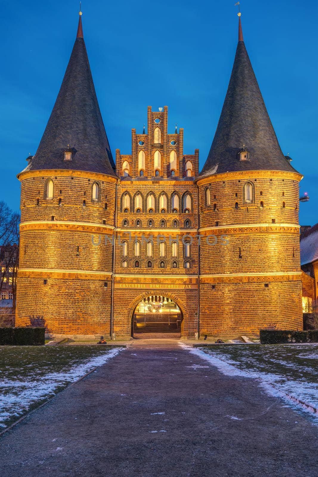 The famous Holsten Gate in Luebeck, Germany, at night