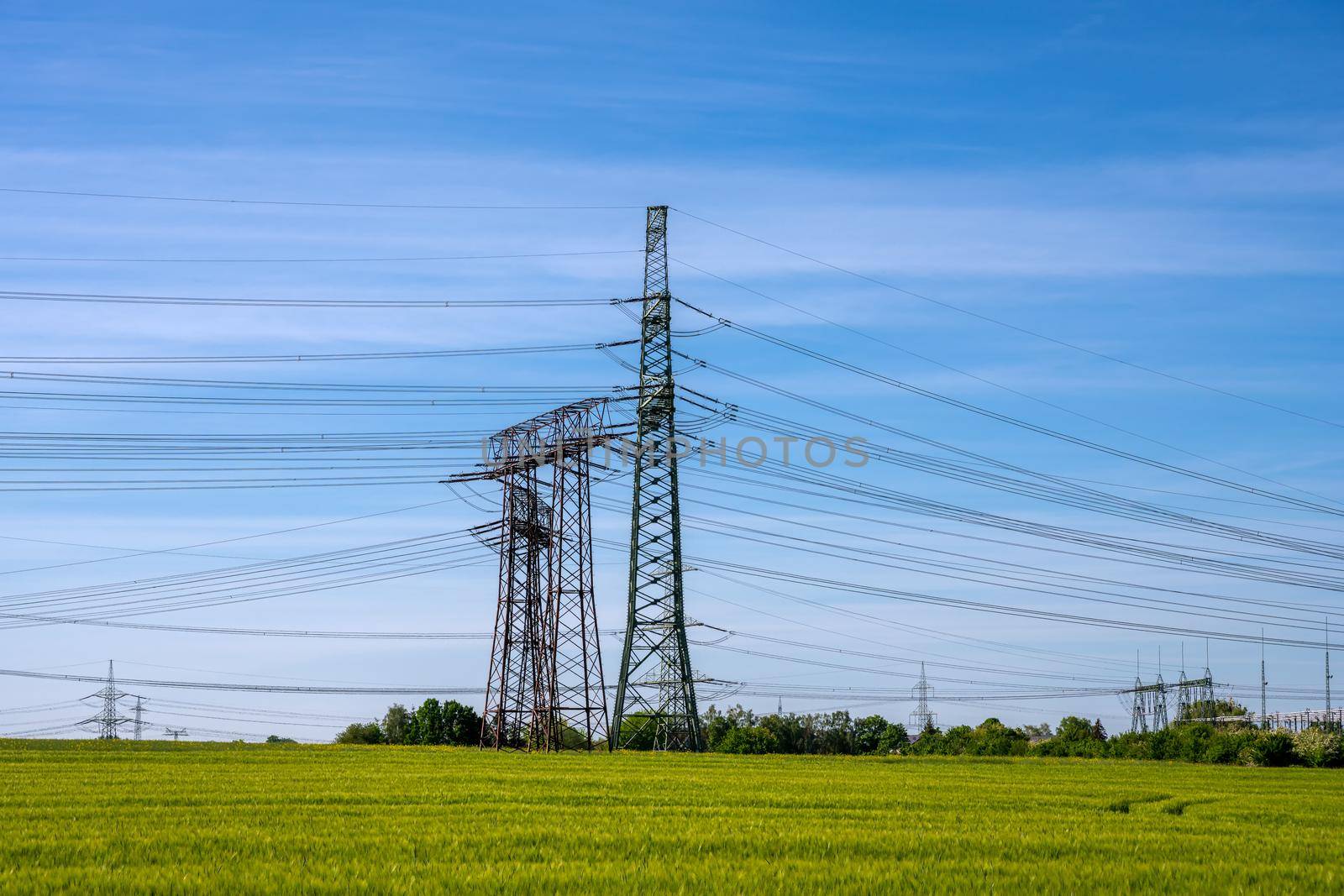 Power lines and electricity pylons seen in Germany