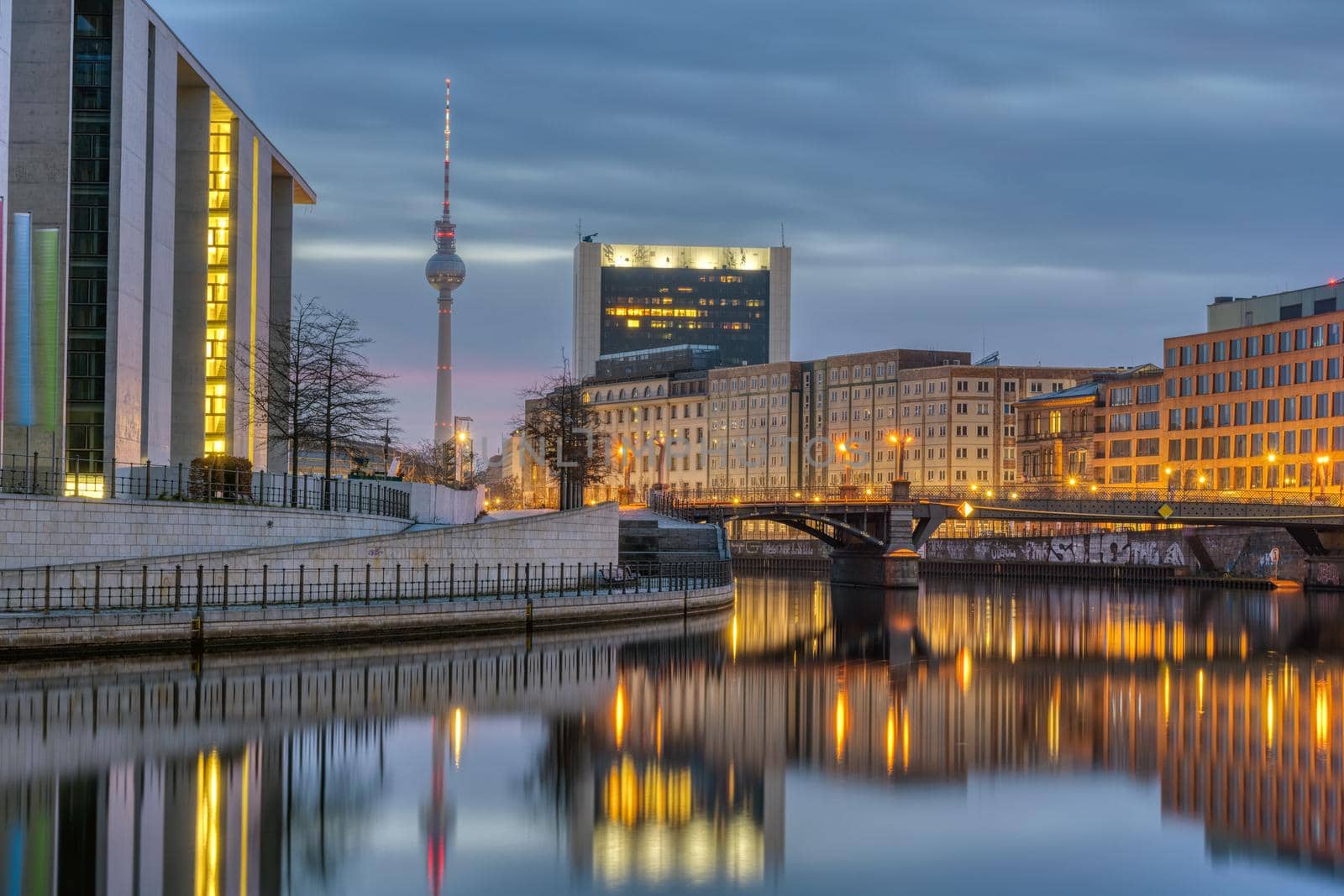 Dawn at the river Spree in Berlin with the Television Tower in the back