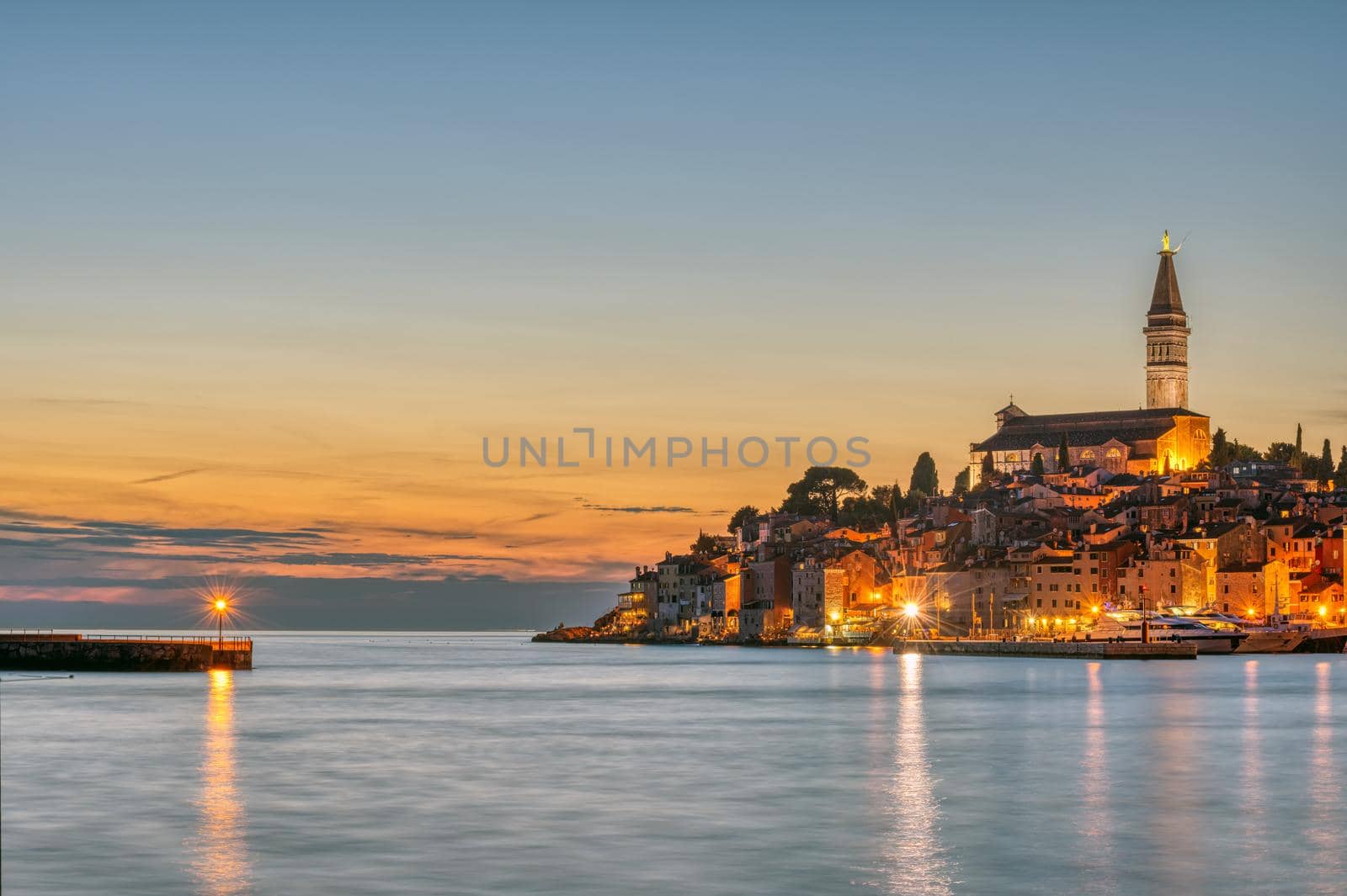 View of the beautiful old town of Rovinj in Croatia after sunset