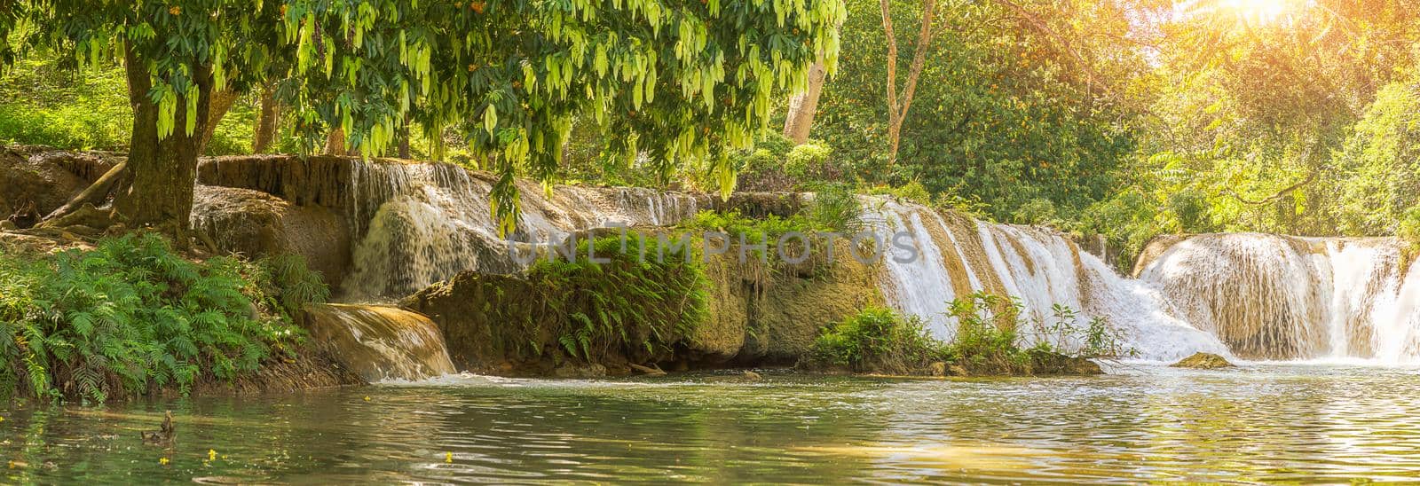 Panorama Waterfall in a forest on the mountain in tropical forest at Waterfall Chet Sao Noi in National park Saraburi province, Thailand