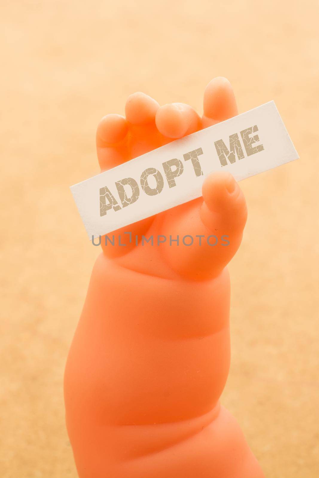 Toy doll hand holding paper with the word ADOPT ME by berkay