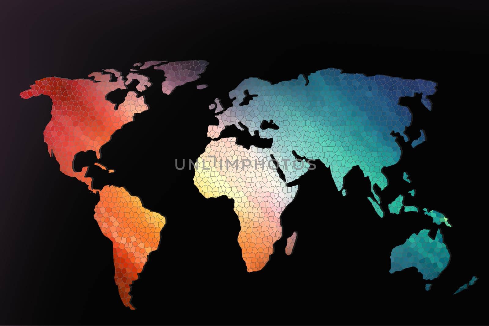 Roughly outlined world map with a colorful background patterns