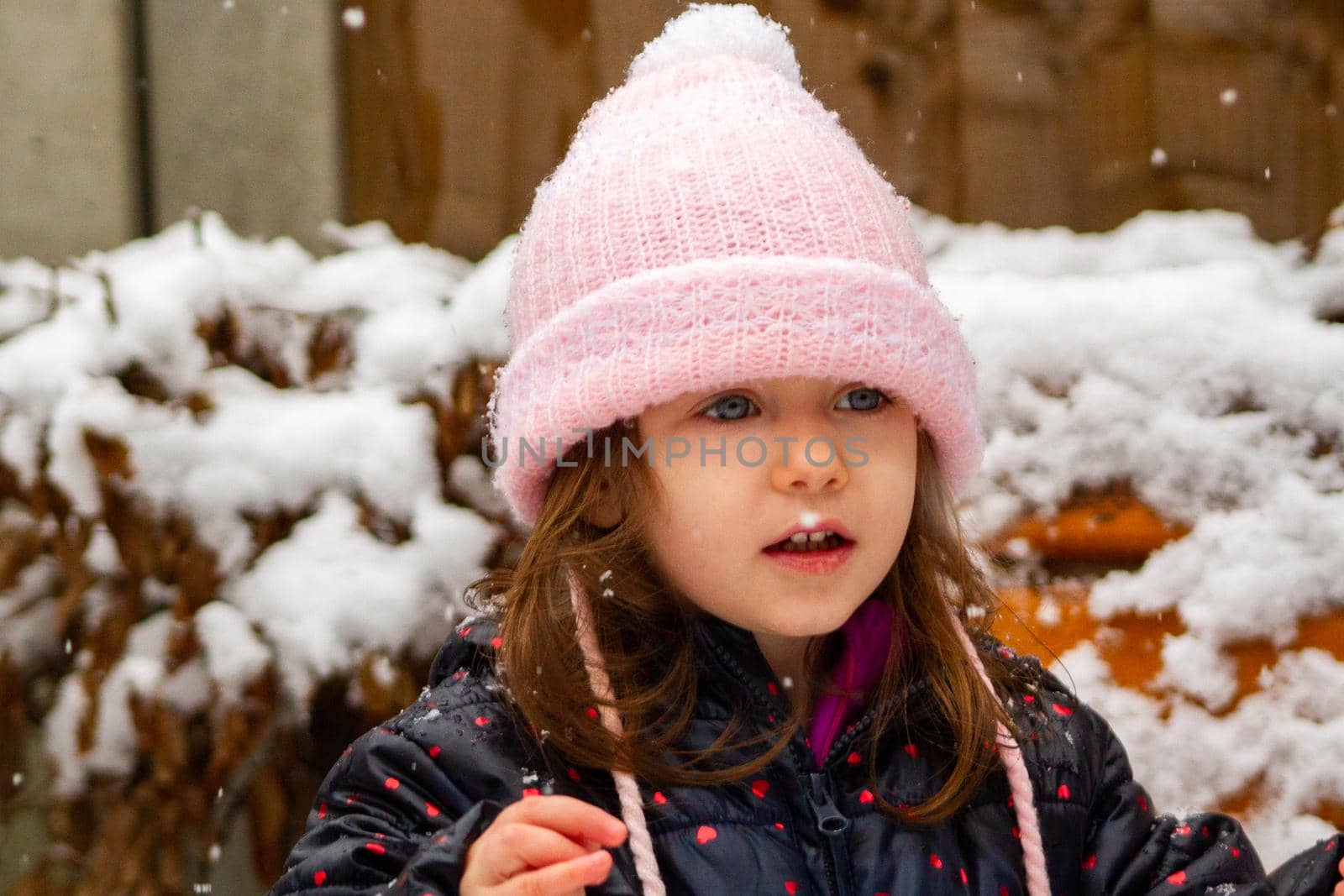 Portrait of a cute, blue-eyed, brown-haired girl wearing a pink hat and ablue coat in the snow