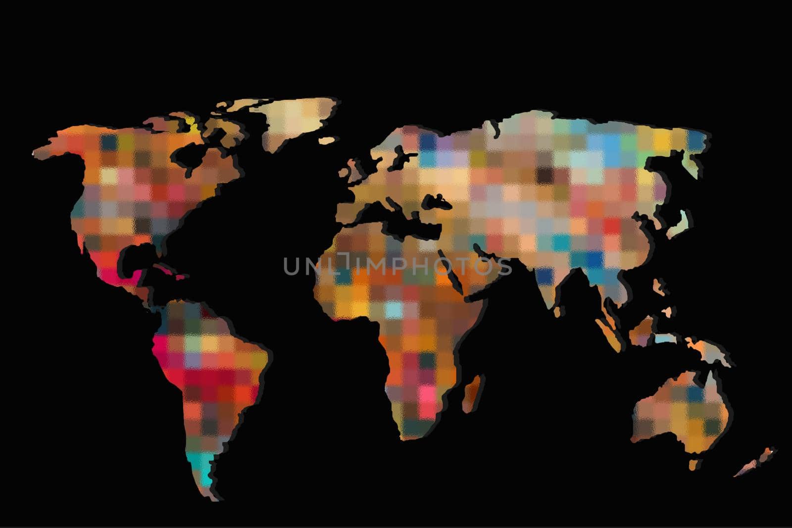 Roughly outlined world map with a colorful background patterns