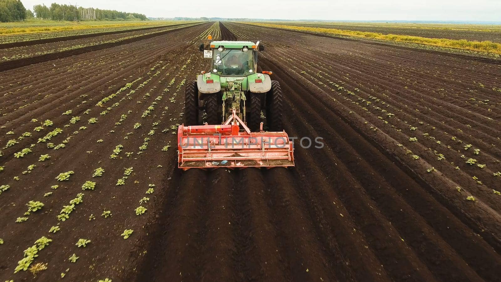 Aerial view Tractor Hilling Potatoes with disc hiller. Farmer in tractor preparing land with seedbed cultivator in farmlands. Tractor plows a field. Agricultural work in processing, cultivation of land. Farmers preparing land and fertilizing. Agricultural workers with tractors.