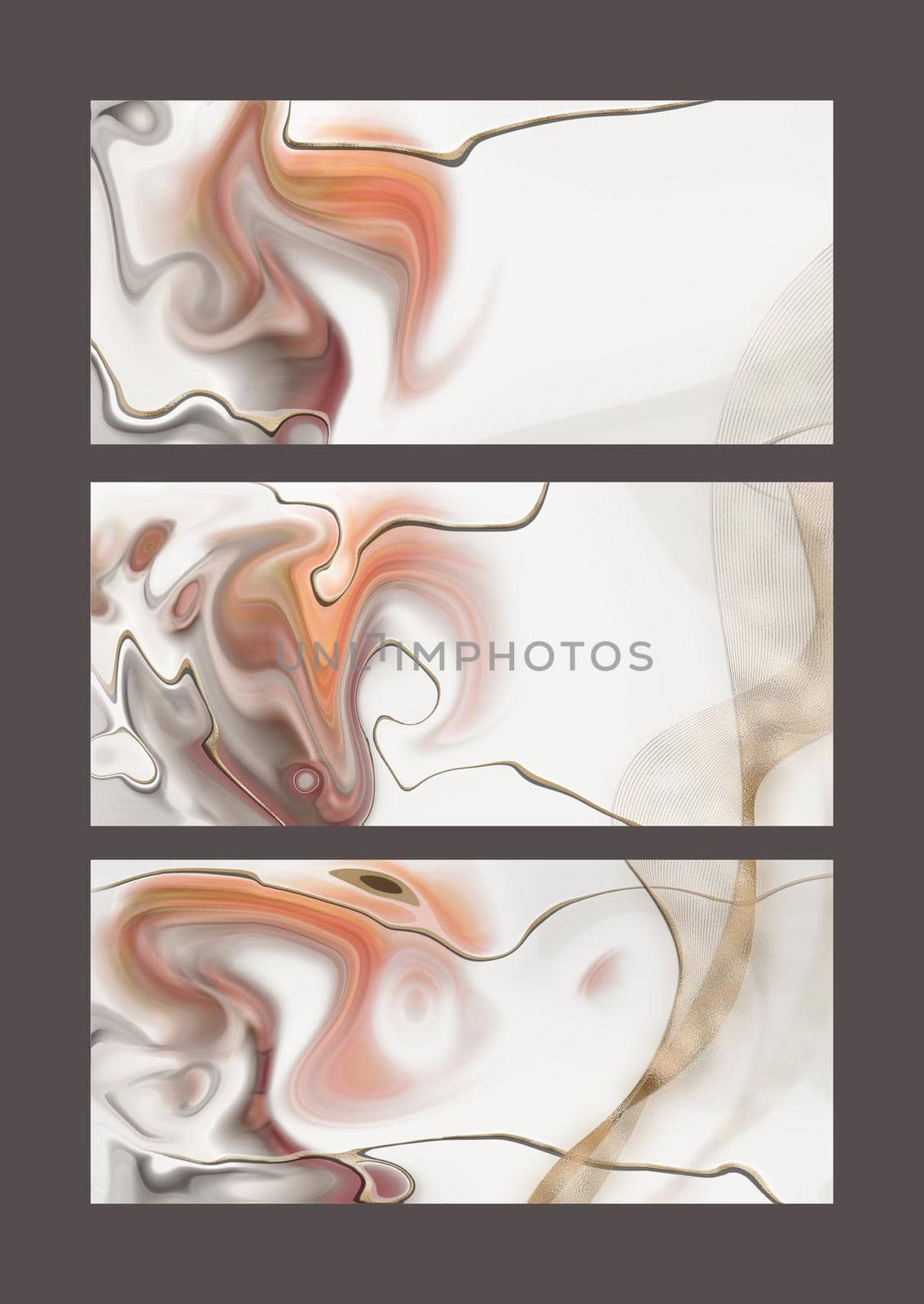 Pastel fluid marble pattern, liquid texture, abstract background. Set of different design with golden waves. Modern colourful trendy background in pastel colour. 3DIllustration