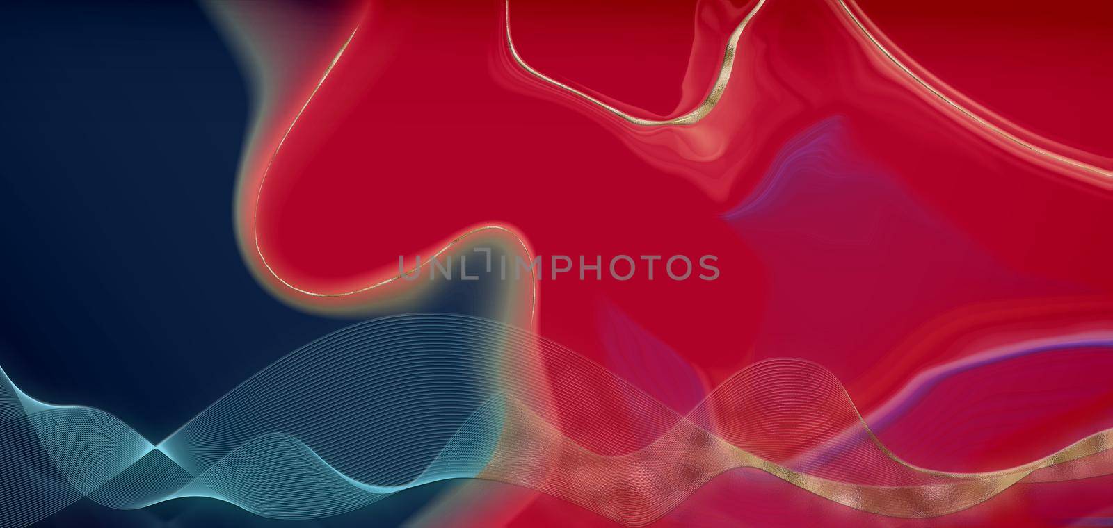 Beautiful marble liquid design. Blue red fluid marble agate pattern, golden waves. Abstract background. Modern colourful trendy design. Wave colour Liquid shape. 3D Illustration