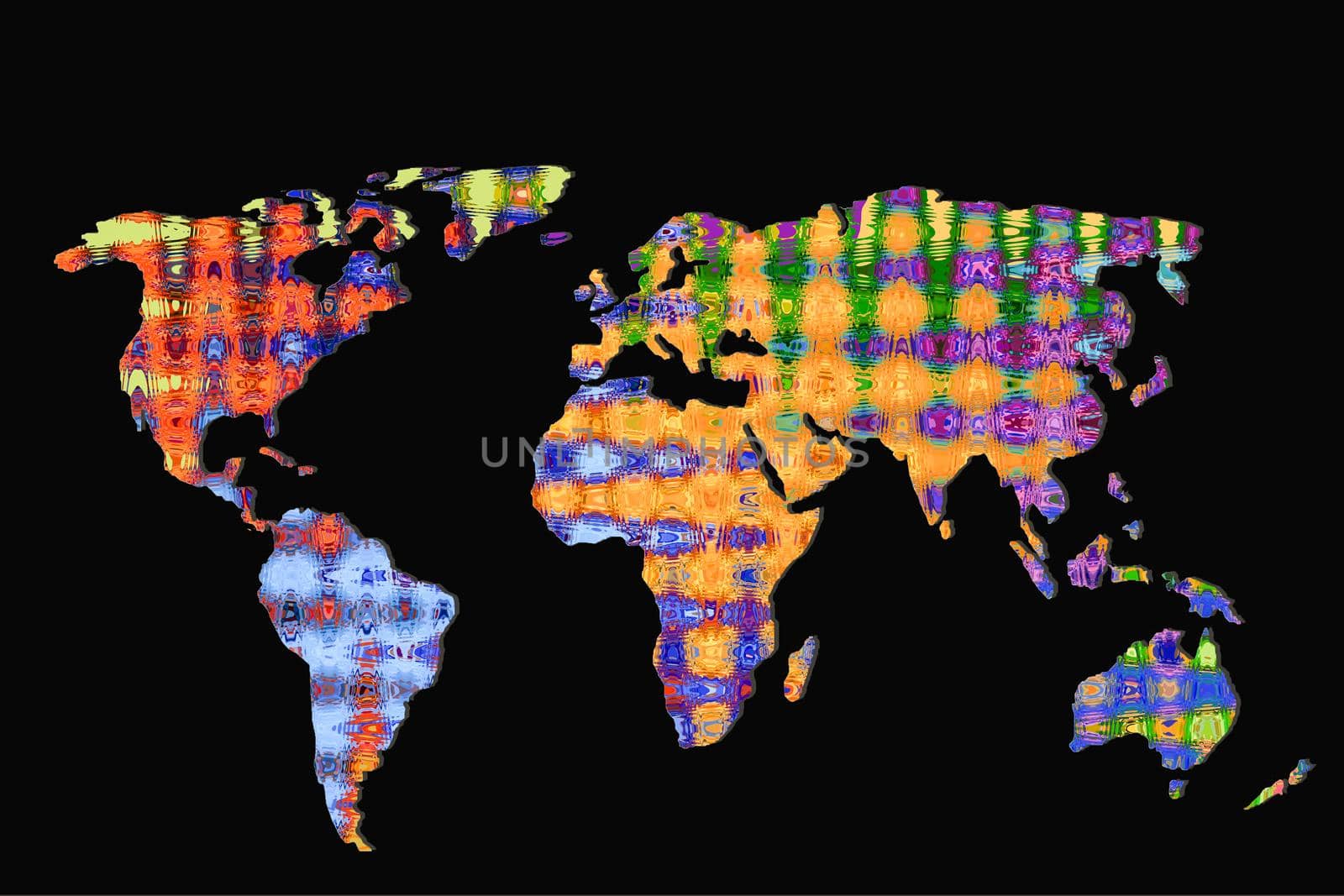 Roughly outlined world map with a colorful background patterns