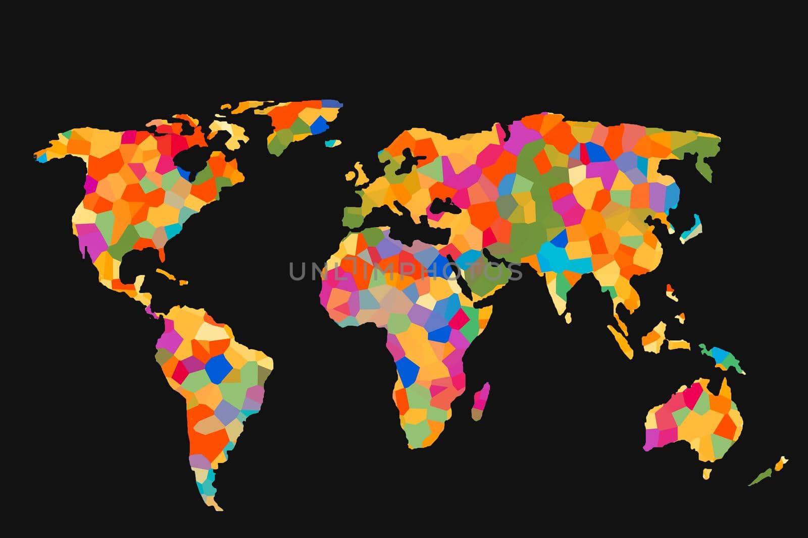 Roughly outlined world map with a colorful background patterns