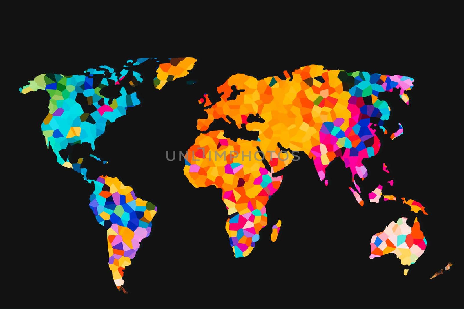 Roughly outlined world map with a colorful background patterns