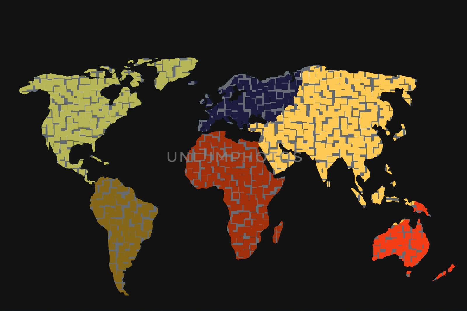 Roughly outlined world map with a colorful background patterns