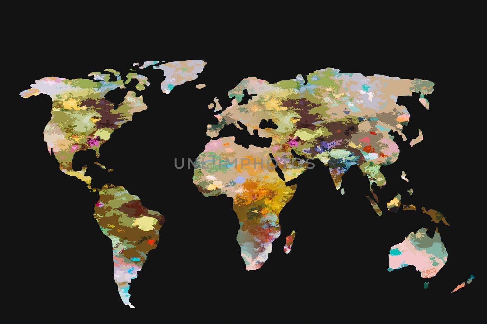 Roughly outlined world map with a colorful background patterns