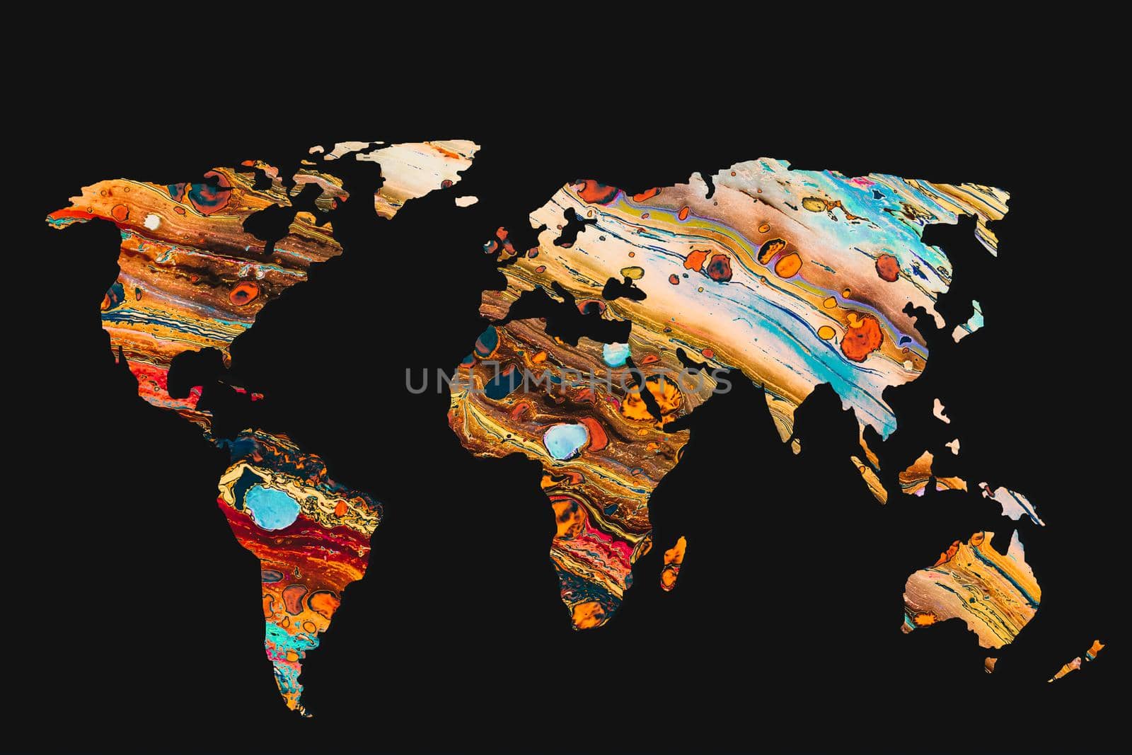 Roughly outlined world map with a colorful background patterns