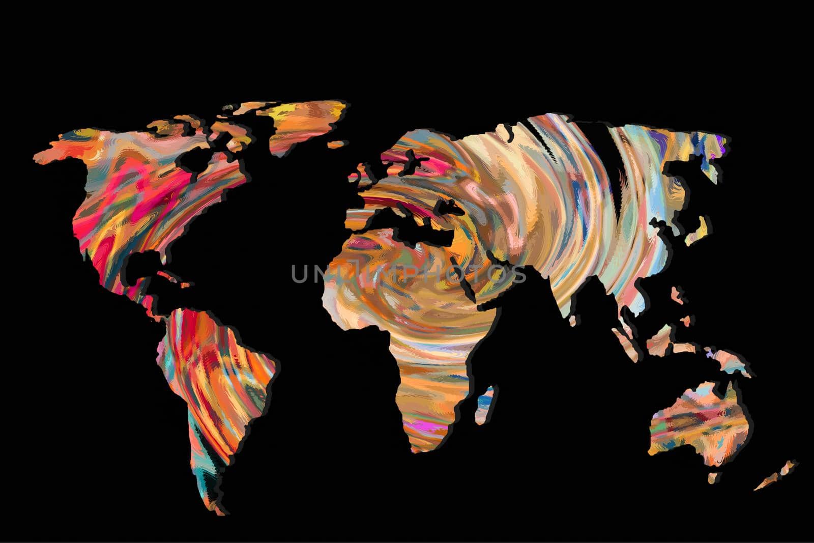 Roughly outlined world map with a colorful background patterns