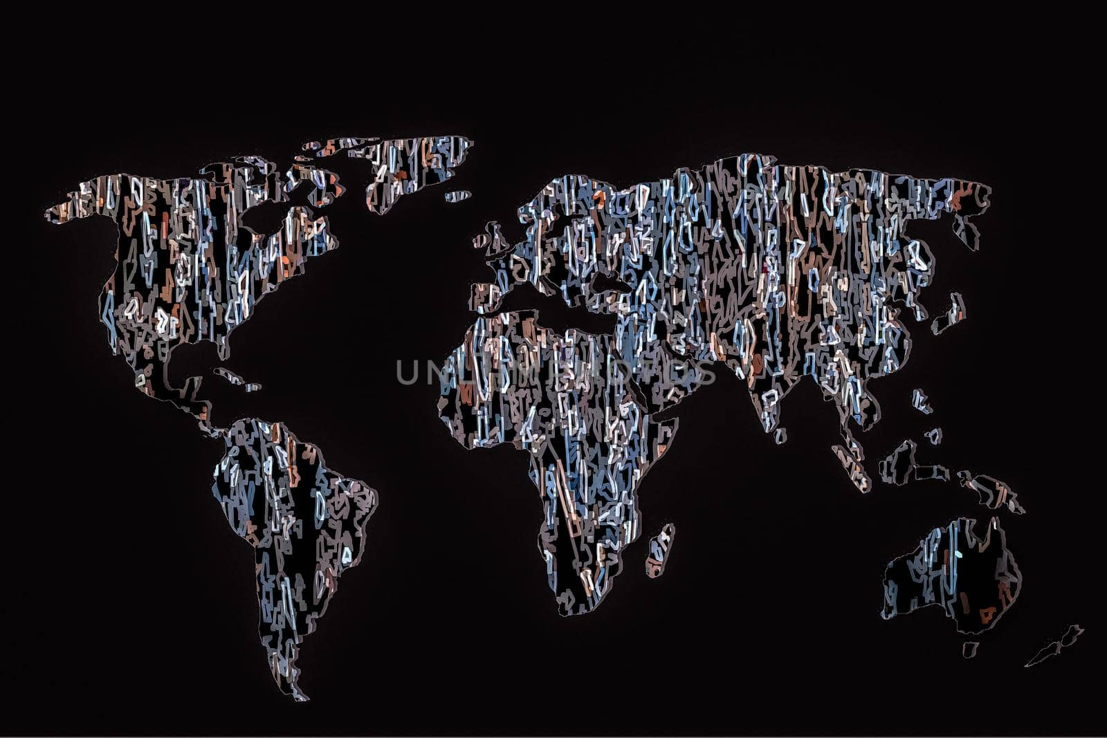 Roughly outlined world map with a colorful background patterns