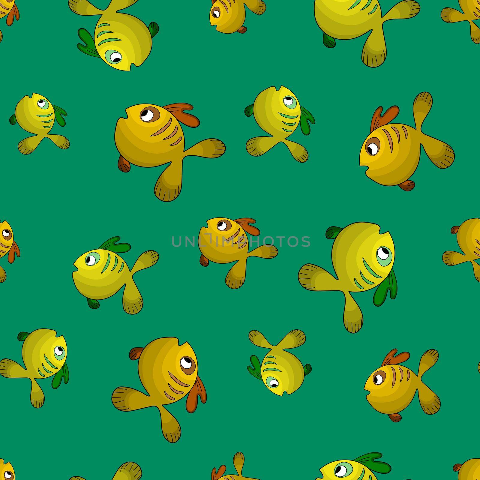 Seamless pattern with cute fish on green background. Vector cartoon animals colorful illustration. Adorable character for cards, wallpaper, textile, fabric. Flat style.