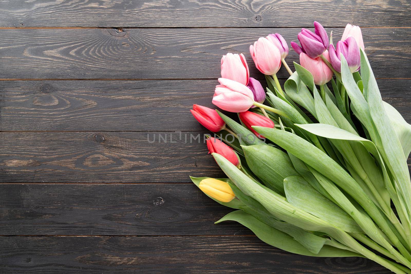 tulip bouquet on black wooden background by Desperada