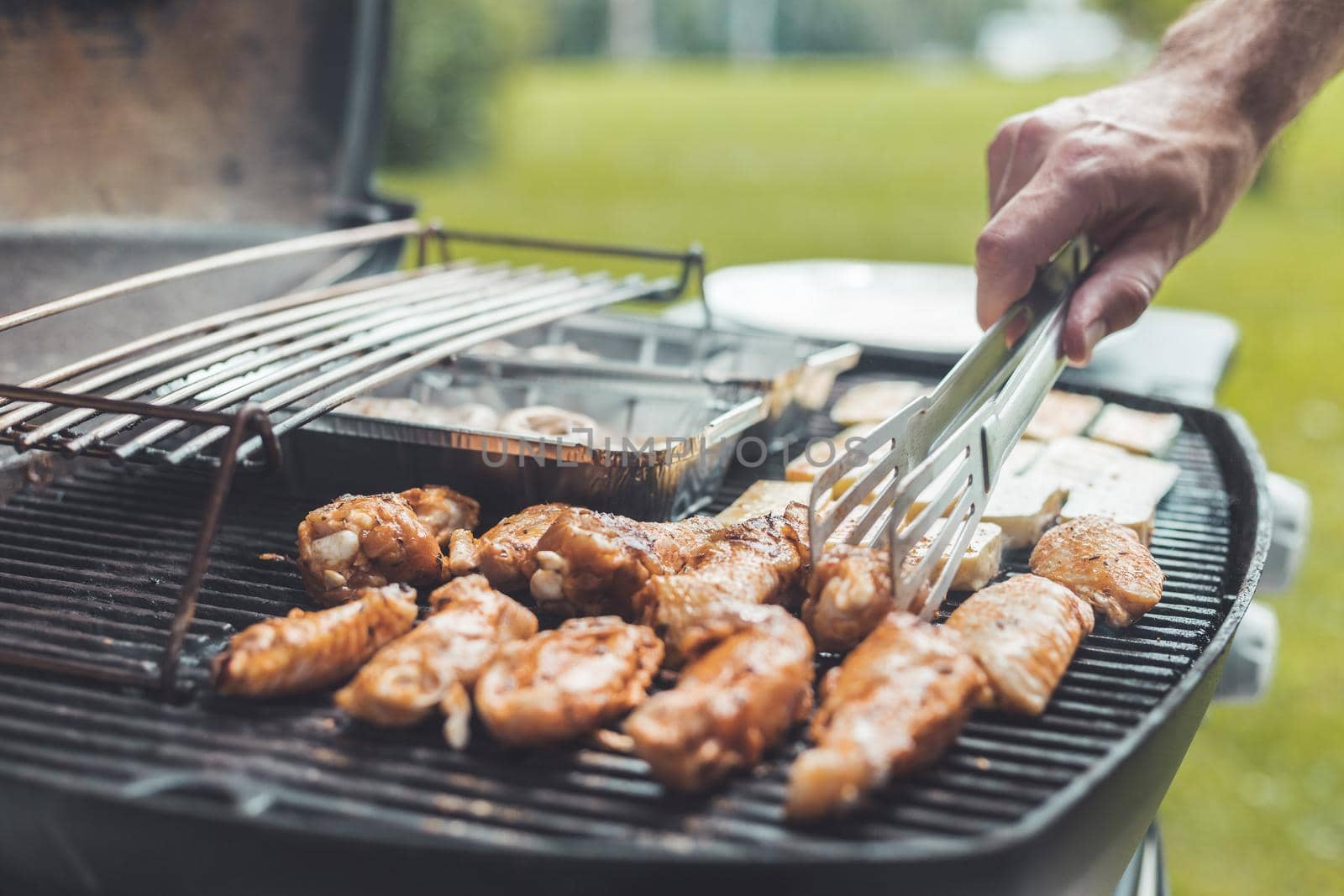 Close up of chicken wings, cheese and vegetables on gas grill. Summer time, outdoors.