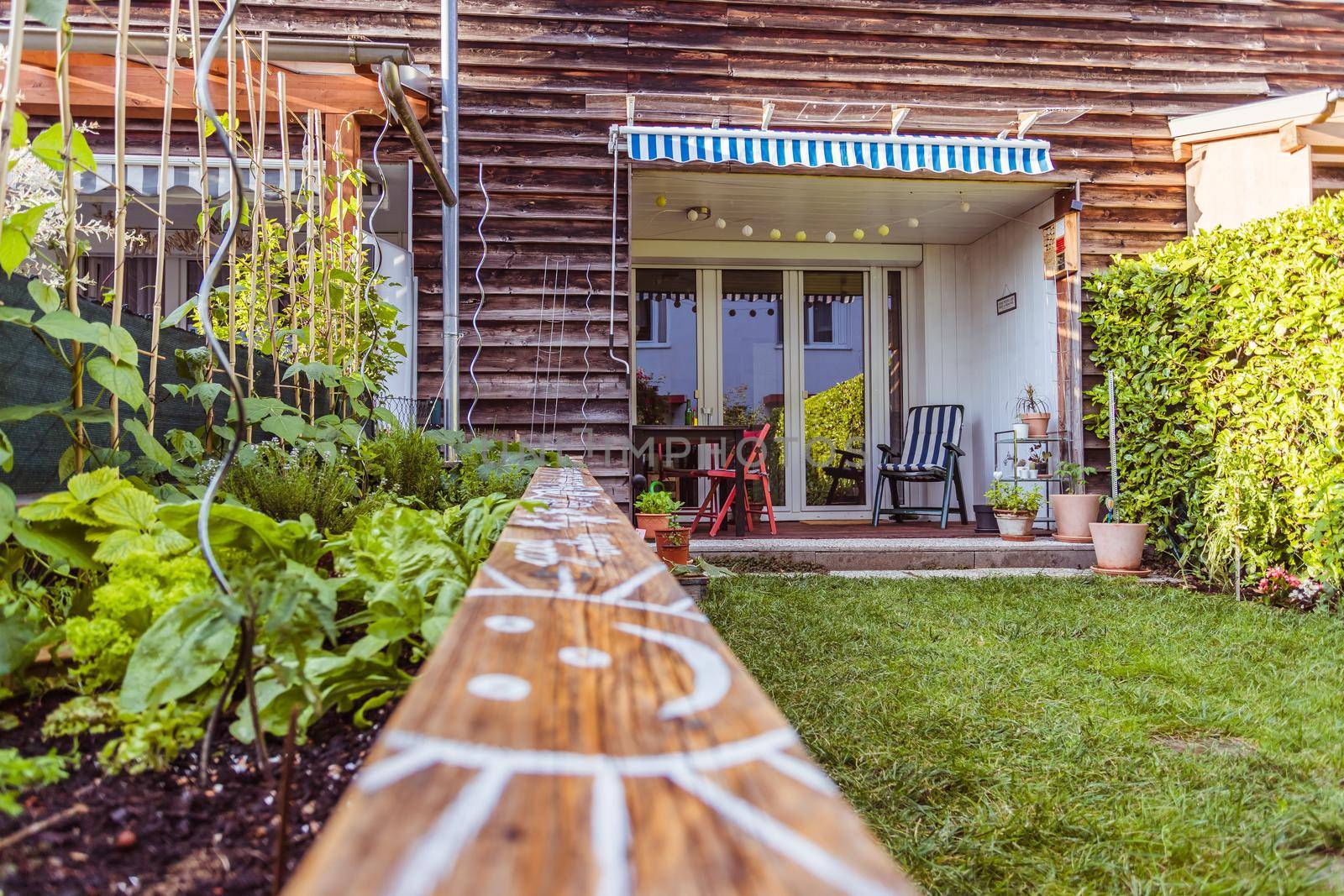 Little garden with green grass and flowers for having good times, summertime