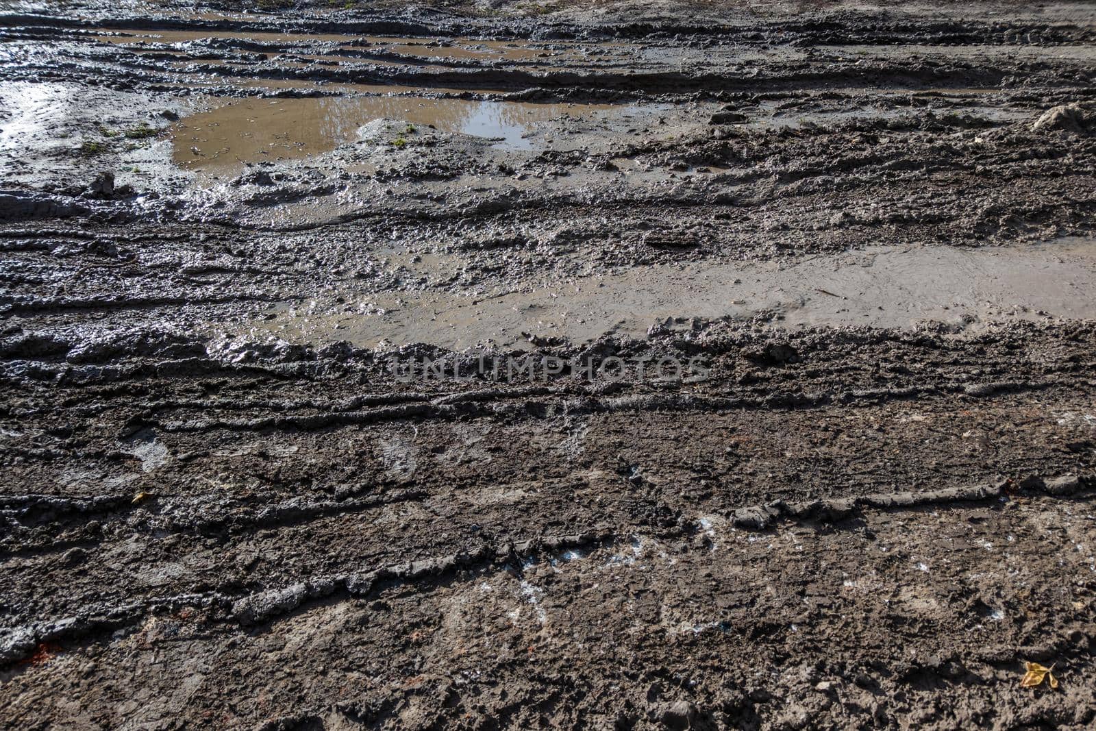 dirty wet clay mud road with tire tracks and puddles at day time - full frame background with hard sun light