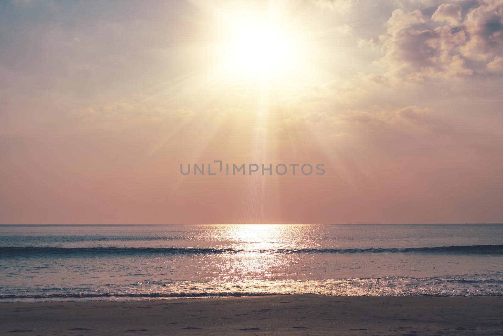 Tropical nature clean beach sunset sky time with sun light background.